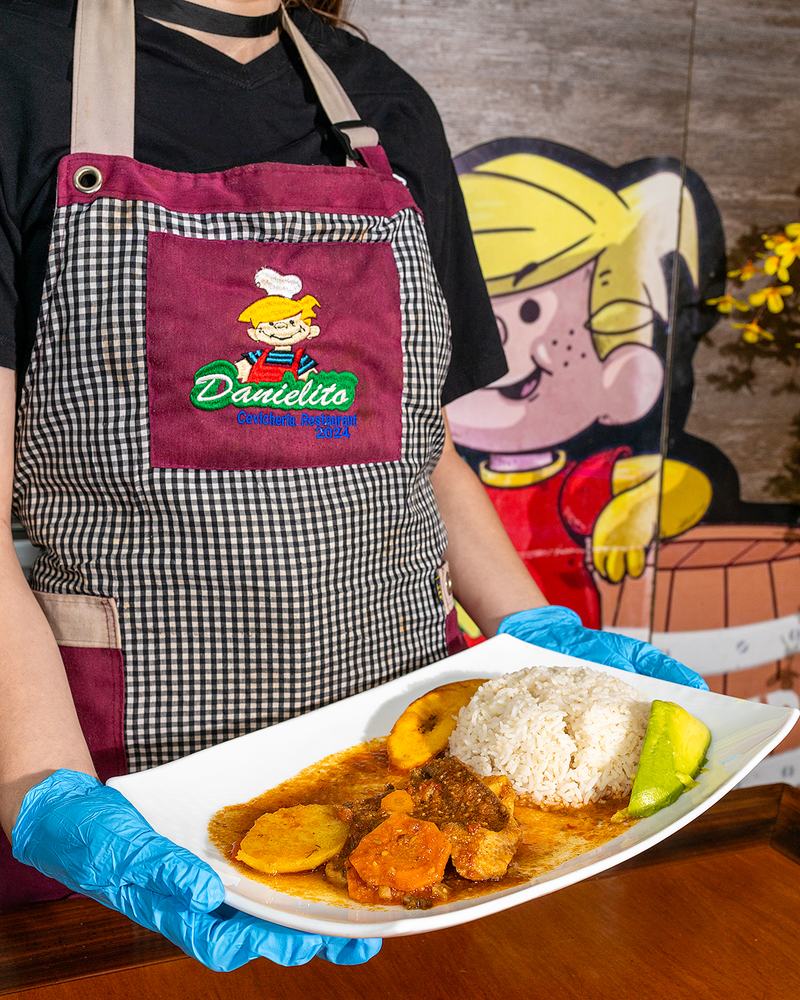Plato con arroz, maduro y aguacate servido frente a la mascota de Danielito