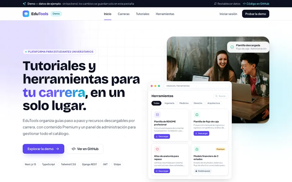 EduTools live demo home page