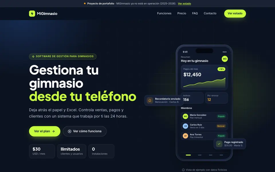 Mi Gimnasio SaaS landing page