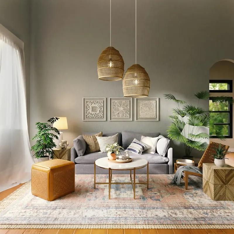 Sala con sofá gris, lámparas colgantes de ratán y plantas junto a la ventana