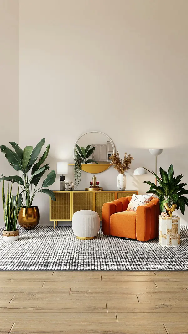Rincón de lectura con sillón naranja, plantas y alfombra tejida