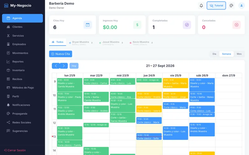 Barbershop agenda (Agenda): a weekly FullCalendar view with appointments color-coded by barber, employee filter tabs, and counters for today's appointments.