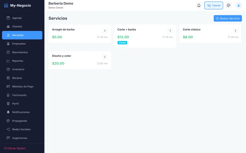 Service cards with price and duration, one marked as a combo.