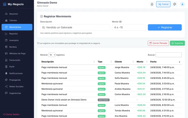 Financial log table with income and expense entries, client names and timestamps.