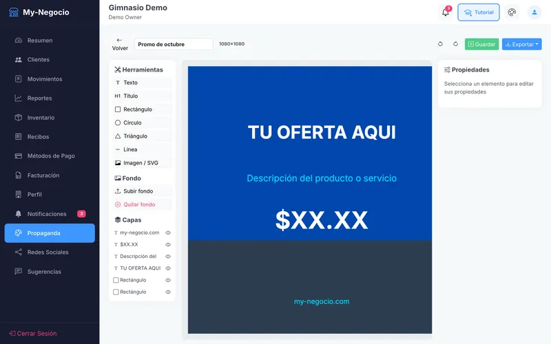 Flyer editor (Propaganda): a tools panel with text, shapes and background options, a layers list, and a 1080 by 1080 canvas showing a promotion template.