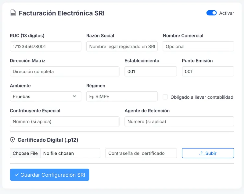 SRI electronic invoicing settings (Facturación Electrónica SRI): RUC, legal name, establishment and emission point codes, environment, tax regime and a .p12 certificate upload.
