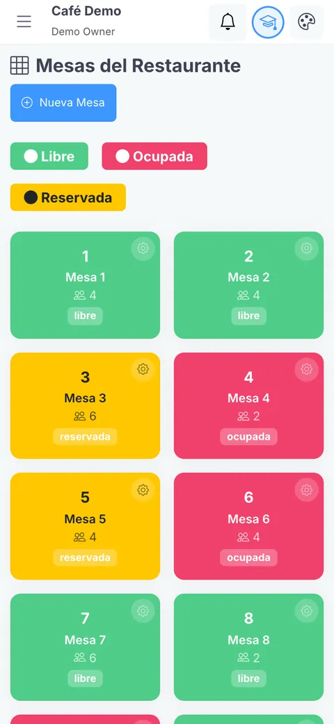 Café table map on a phone: two columns of green, yellow and red table cards.
