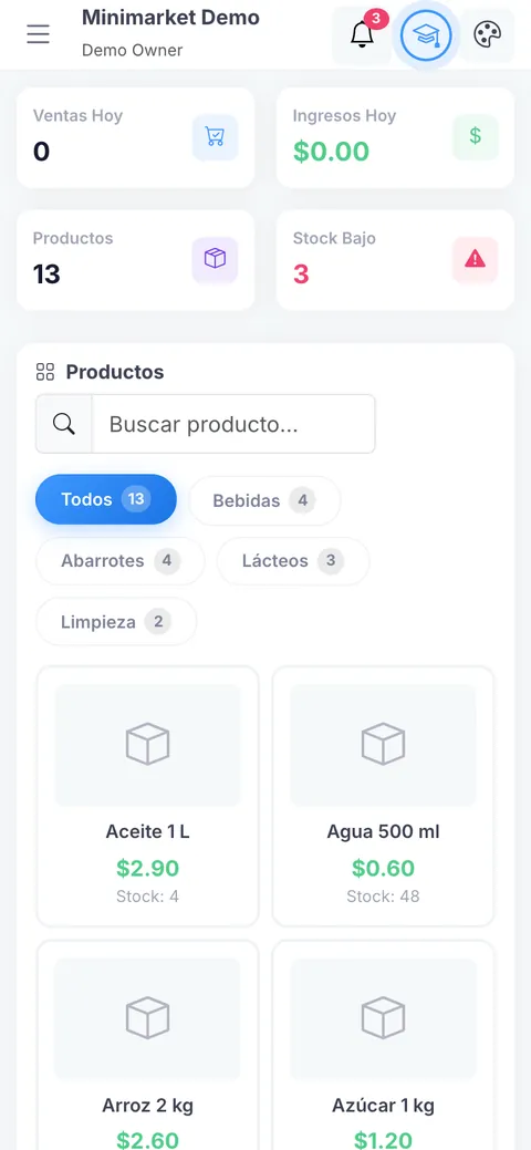 Minimarket POS on a phone: sales counters, product search, category pills and product cards.