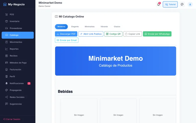 Catalog generator with style options and PDF, link, QR and WhatsApp sharing buttons.