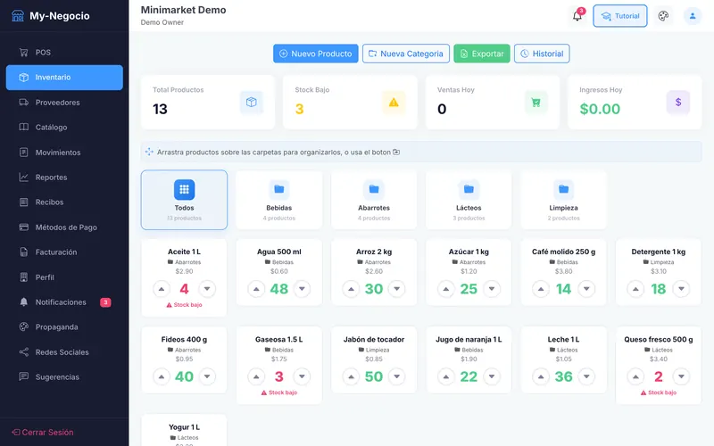 Inventory tab (Inventario): totals and low-stock counters, category folders, and product cards with price, stock steppers and low-stock warnings.