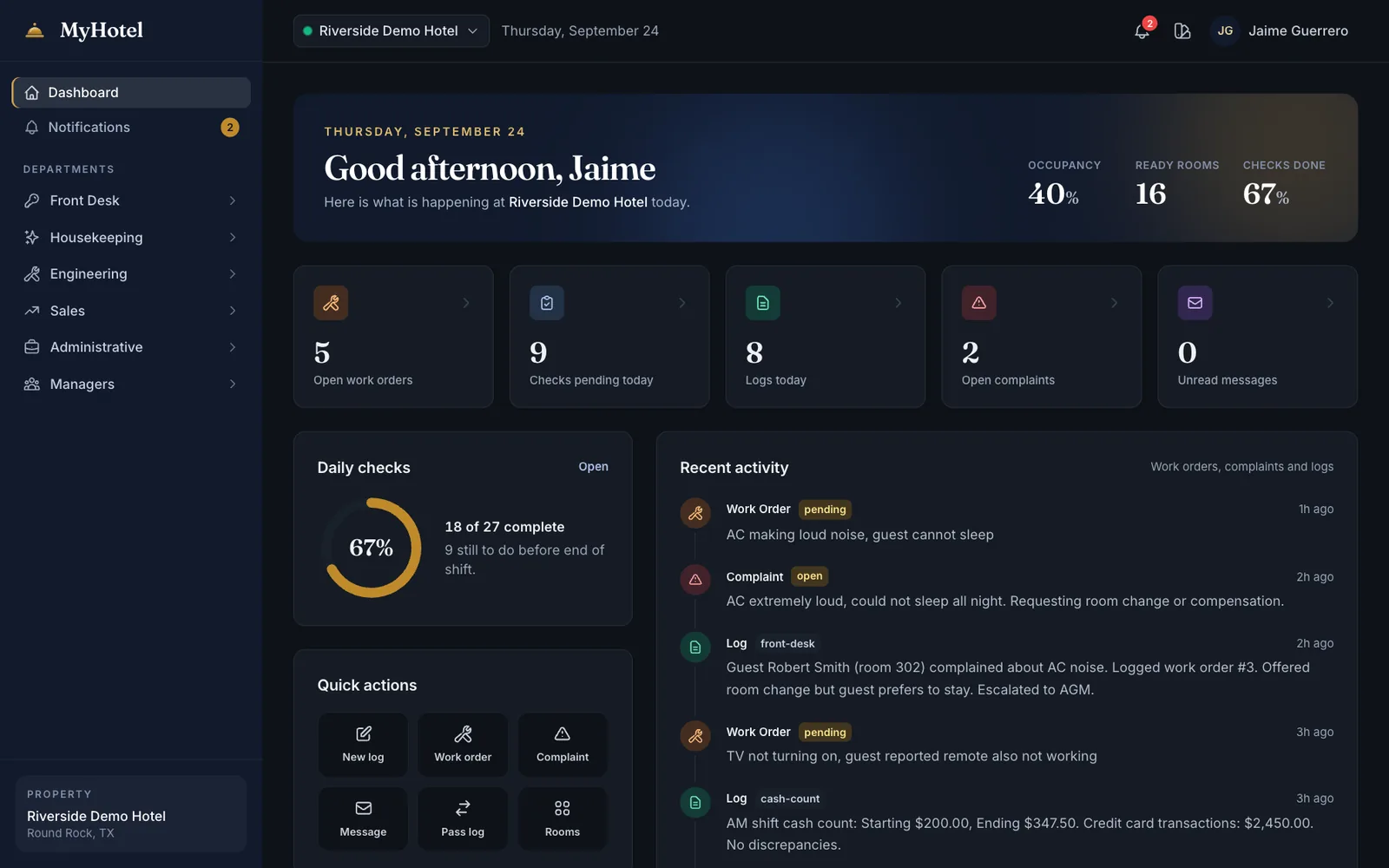 The dashboard in the dark theme.