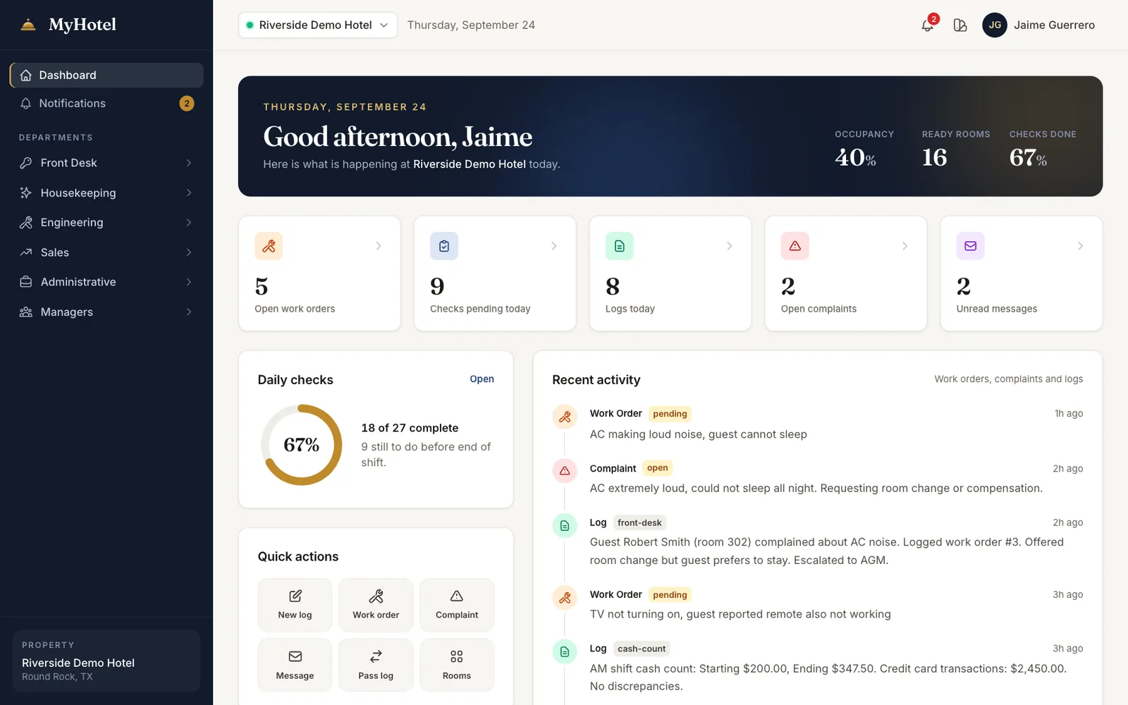 MyHotel dashboard: greeting banner with occupancy, ready rooms and checks done, KPI cards, a floor map of room statuses and a recent activity timeline.