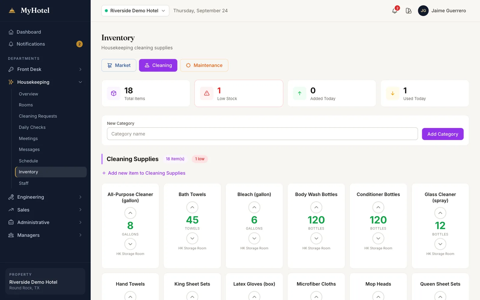 Housekeeping inventory with stock cards, up and down controls, units, storage locations and a low-stock counter.