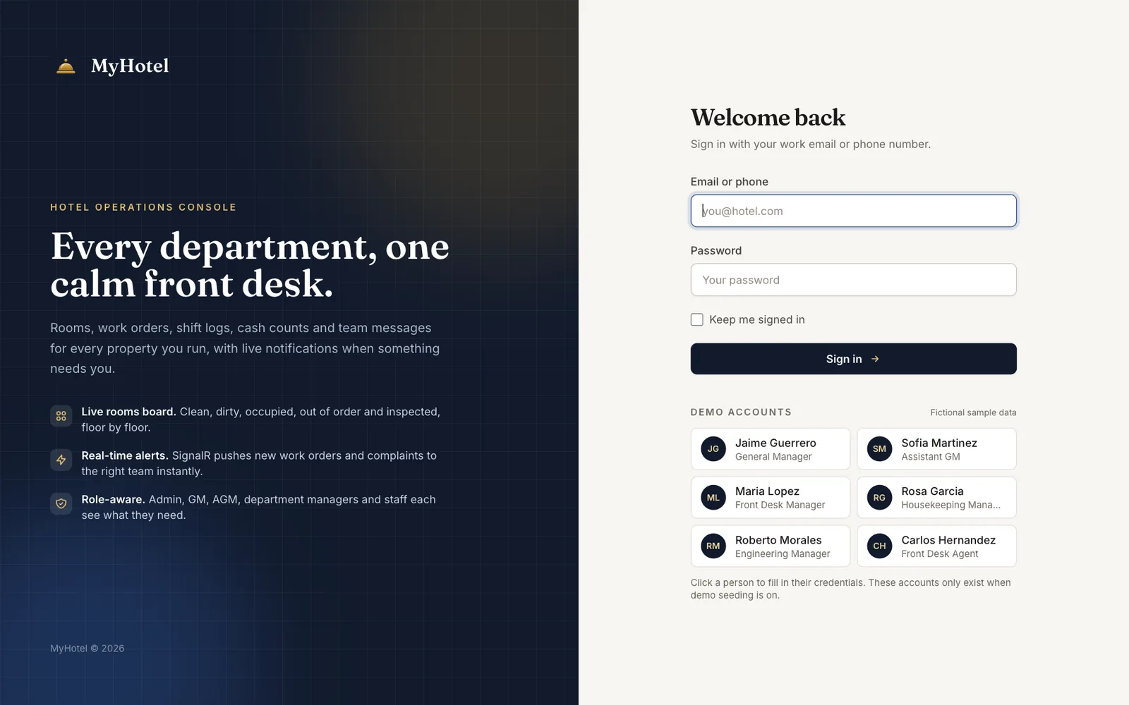 Sign-in page with a navy brand panel on the left and the form on the right, plus demo account shortcuts.