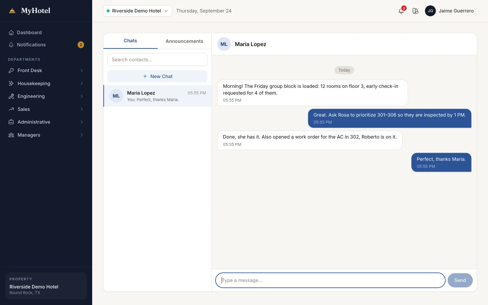 Messaging page with a conversation list and a chat between the general manager and the front desk manager.