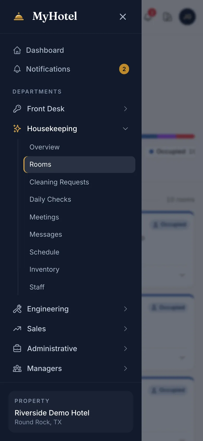 The navigation drawer open on a phone, showing the Housekeeping section.