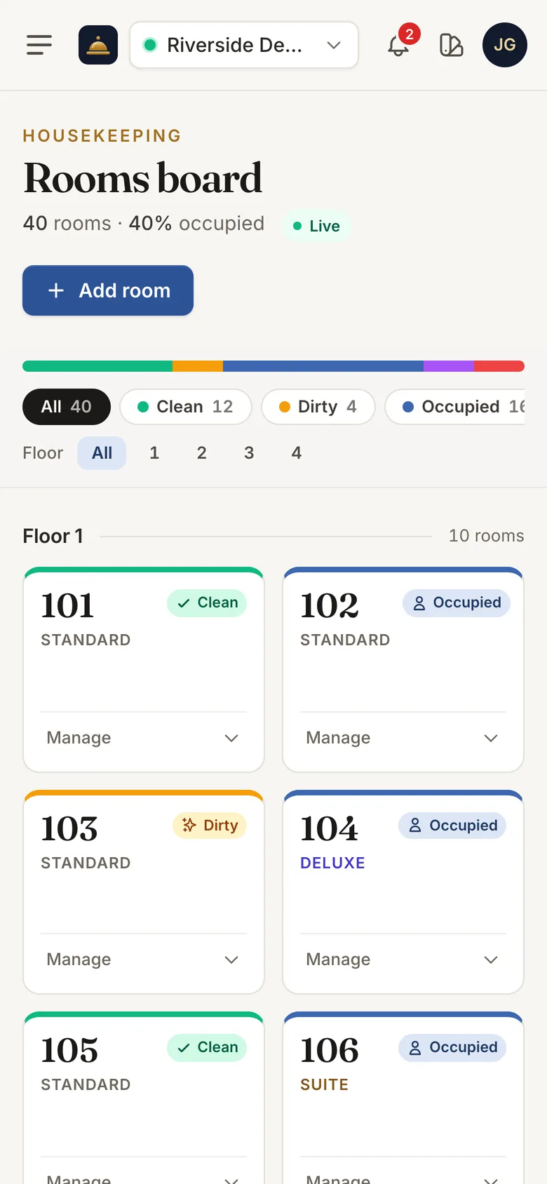 Rooms board on a phone, two tiles per row.