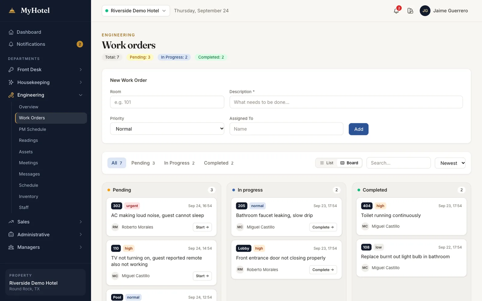 Work orders in a board layout with Pending, In progress and Completed columns; each card shows room, priority, description, assignee and a Start or Complete button.
